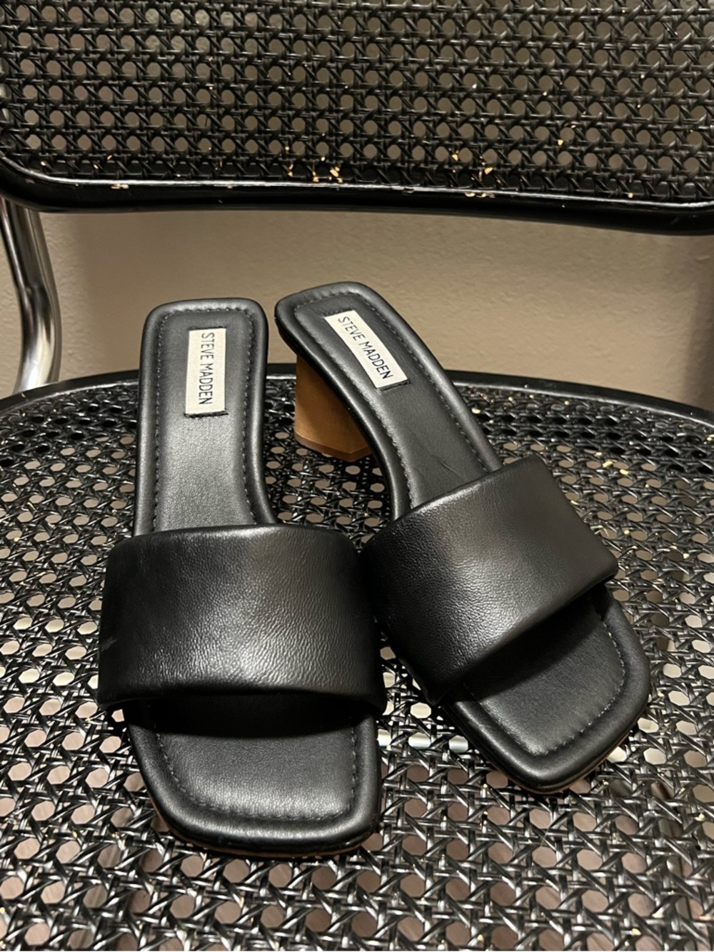 Steve Madden Black Leather Mules with Tan Block Heel